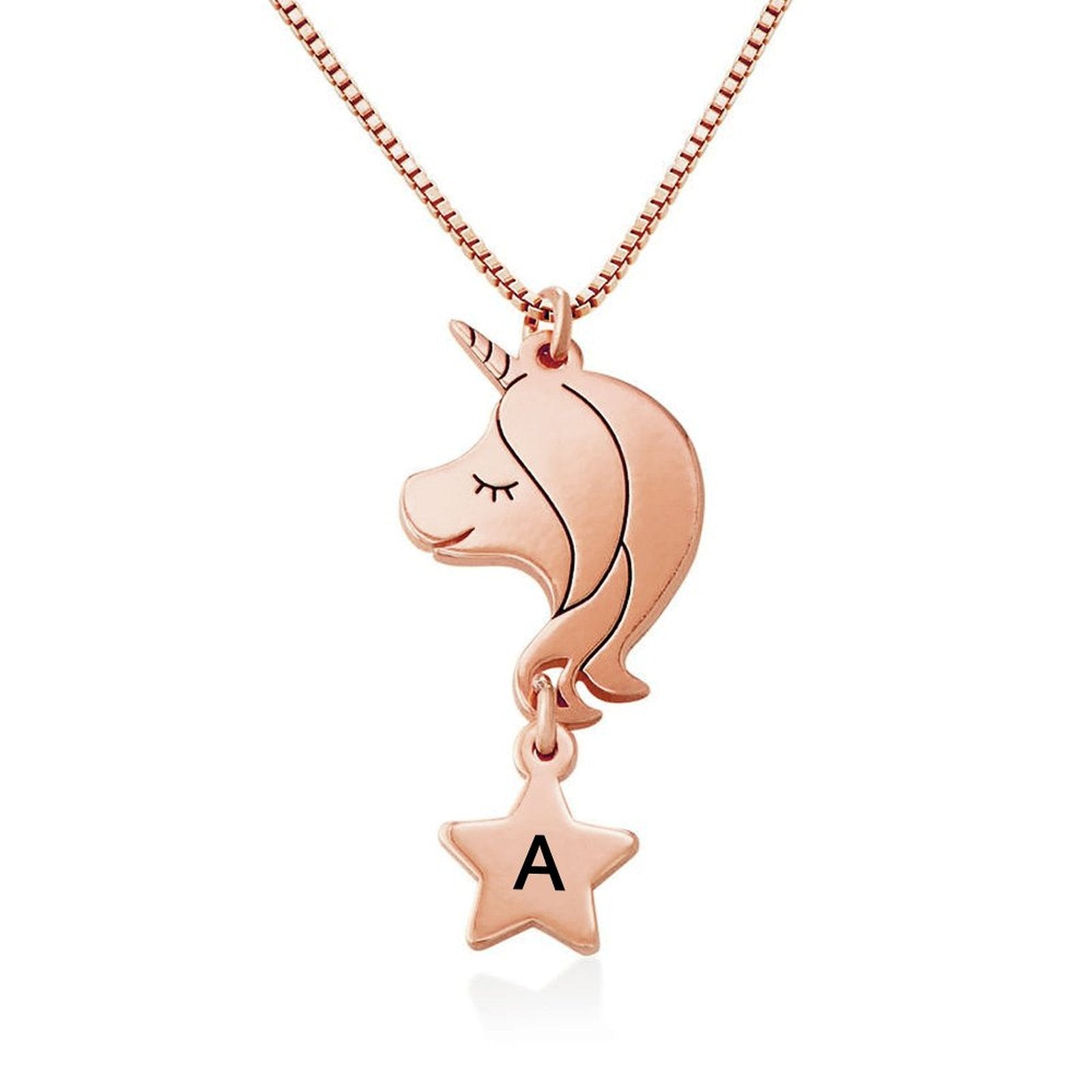 Rose gold unicorn necklace for girls with initial 'A' pendant, custom jewelry gift, personalized gift