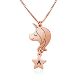 Rose gold unicorn necklace for girls with initial 'A' pendant, custom jewelry gift, personalized gift