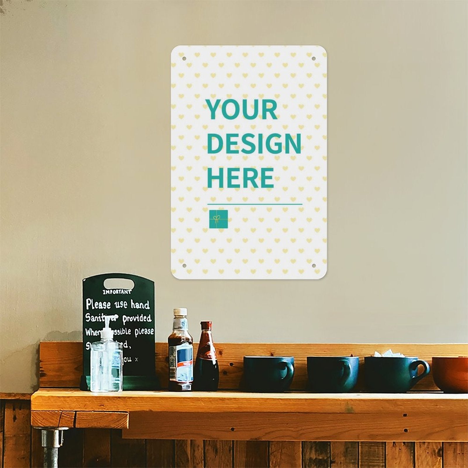 Customizable metal tin sign with YOUR DESIGN HERE text, personalized iron painting, perfect for cafe or home decor.