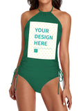 Custom green halter swimsuit with 'YOUR DESIGN HERE' text, personalized swimwear for women.