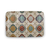 Coral bath rug with colorful geometric pattern. Non-slip, absorbent, and quick-drying for bathroom, kitchen, or bedroom.