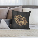 Leopard print lips pillow cover on bed, luxury soft plush, decorative pillow for sofa or couch