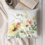 Watercolor floral pillow cover, soft plush material, with yellow, orange flowers and a bee design for sofa and living room.