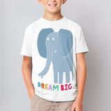 Kids' white mesh t-shirt with Dream Big elephant graphic, crewneck for summer.