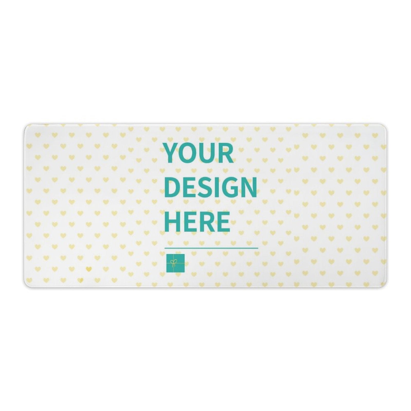Customizable desk mat with heart pattern and 'YOUR DESIGN HERE' text. Perfect for office and home use.