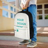 Customizable kids backpack with heart design, polyester material, side pockets, perfect for school. "YOUR DESIGN HERE" text.