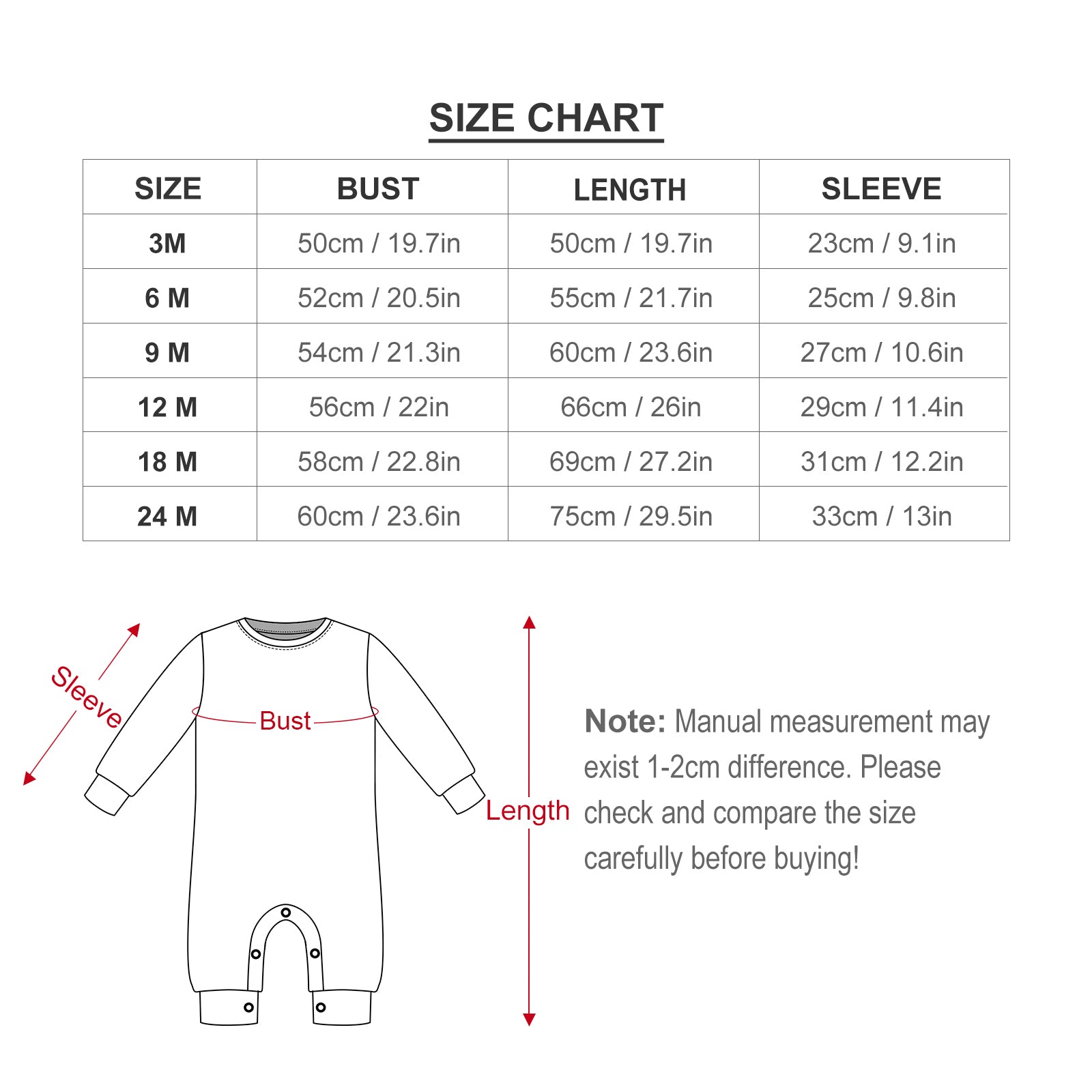 Newborn baby romper size chart. Bust, length, and sleeve measurements for MyArtsyGift baby clothes. Check size before buying.