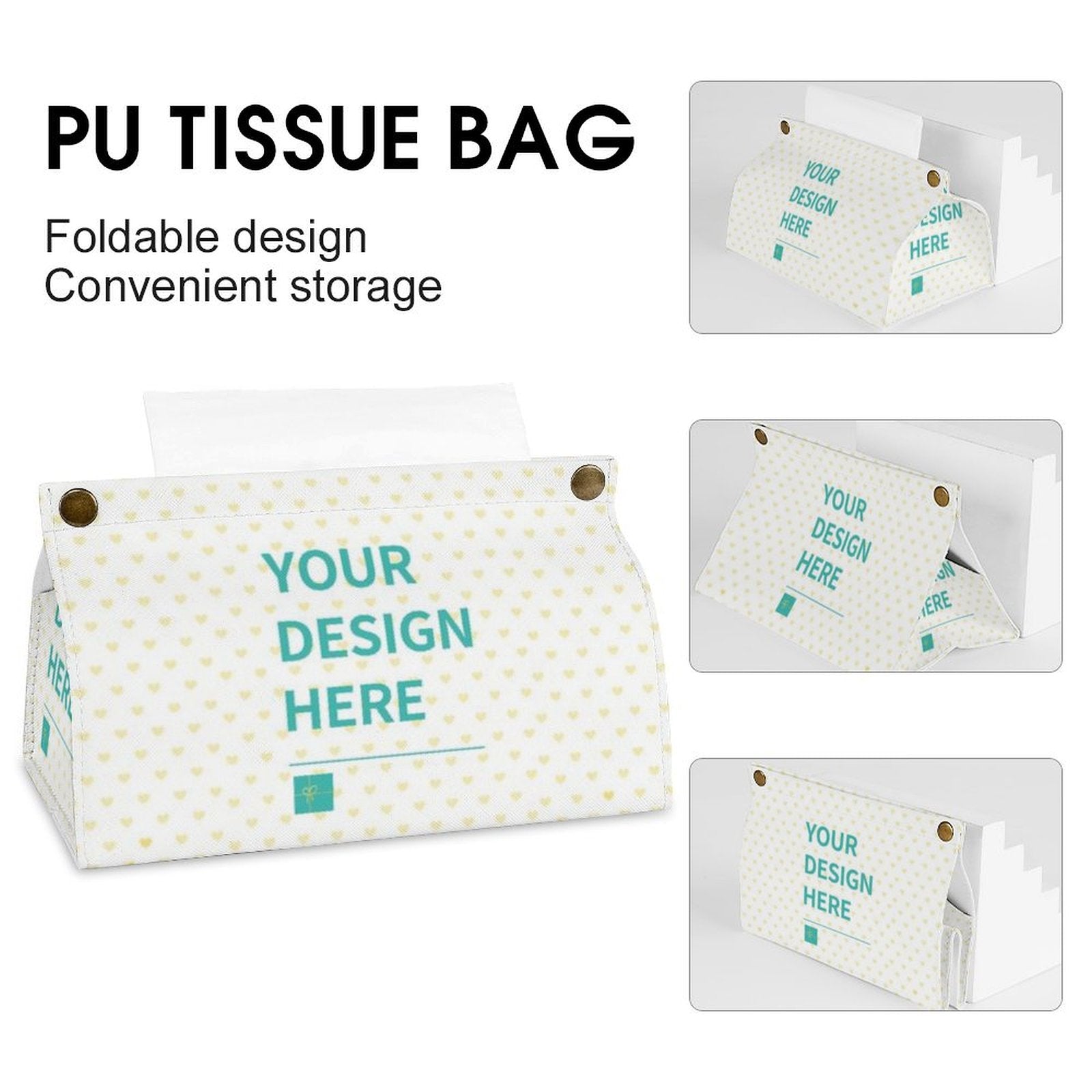 Custom PU tissue box cover, personalized design with "YOUR DESIGN HERE" text, rectangular shape for home or office use.