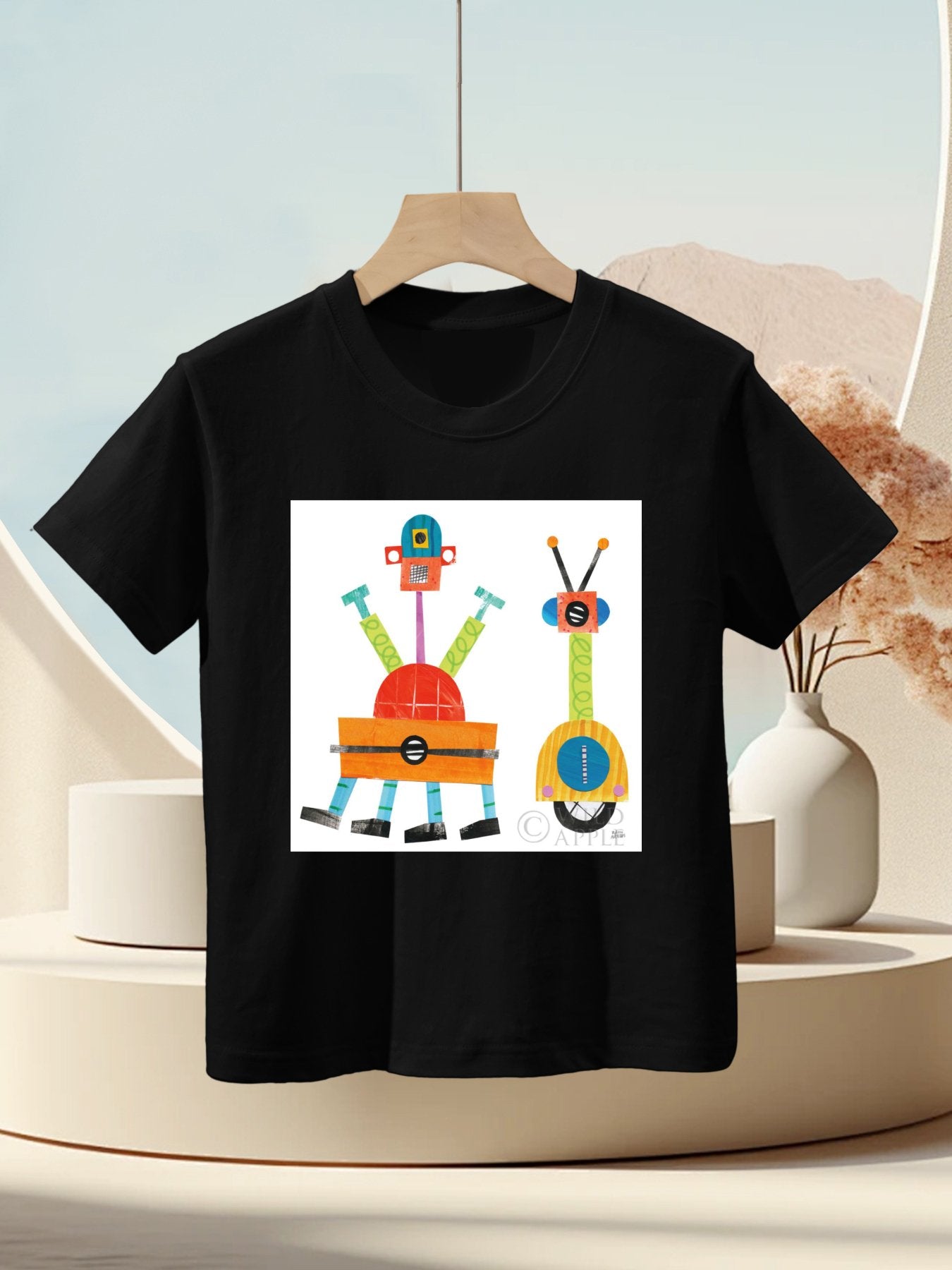 Kids' black cotton T-shirt with robot art, Made in USA, short sleeve tee for boys and girls from MyArtsyGift.