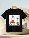 Kids' black cotton T-shirt with robot art, Made in USA, short sleeve tee for boys and girls from MyArtsyGift.