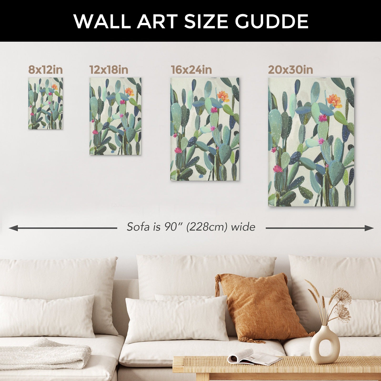Cactus canvas print size guide: 8x12in, 12x18in, 16x24in, 20x30in. Ideal for minimalist wall decor; Sofa is 90" wide.