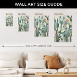 Cactus canvas print size guide: 8x12in, 12x18in, 16x24in, 20x30in. Ideal for minimalist wall decor; Sofa is 90" wide.