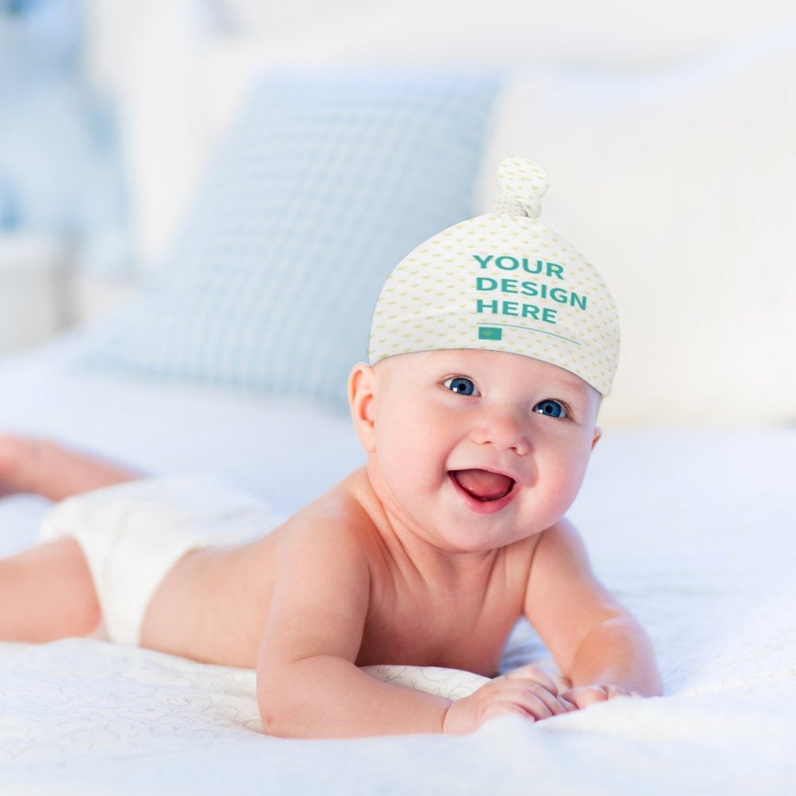 Custom baby beanie hat with "YOUR DESIGN HERE", white flannel, top knot, newborn hat