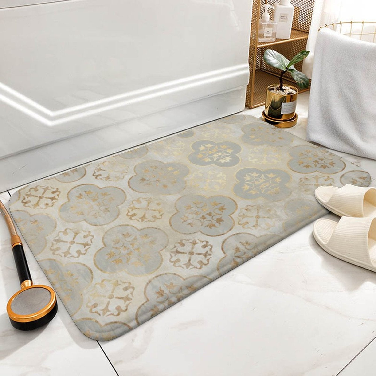 Coral velvet bath rug with gold floral pattern, non-slip and quick-drying for bathroom