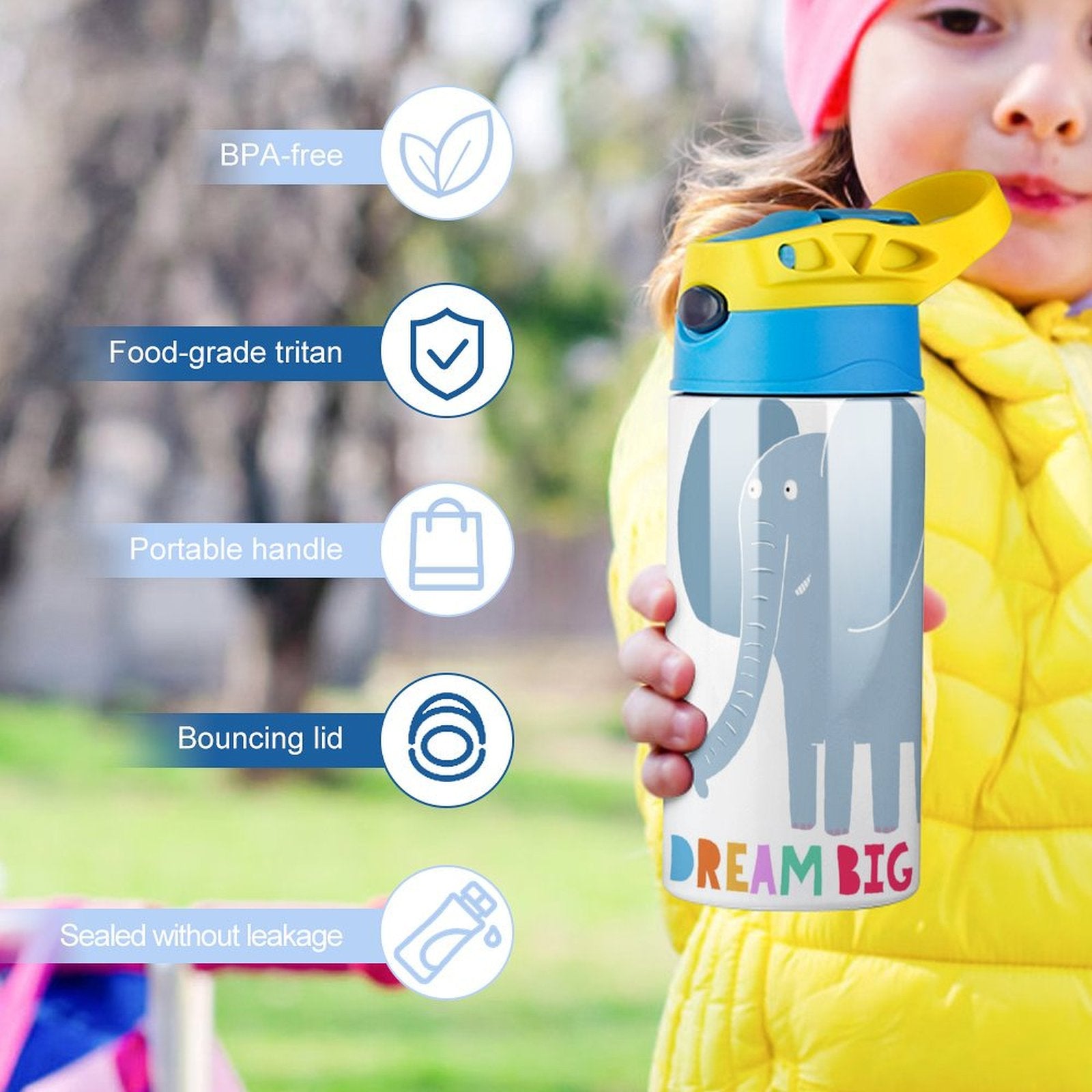 Kids' insulated water bottle with elephant design and DREAM BIG text, BPA-free and food-grade tritan for school.