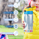 Kids' insulated water bottle with elephant design and DREAM BIG text, BPA-free and food-grade tritan for school.