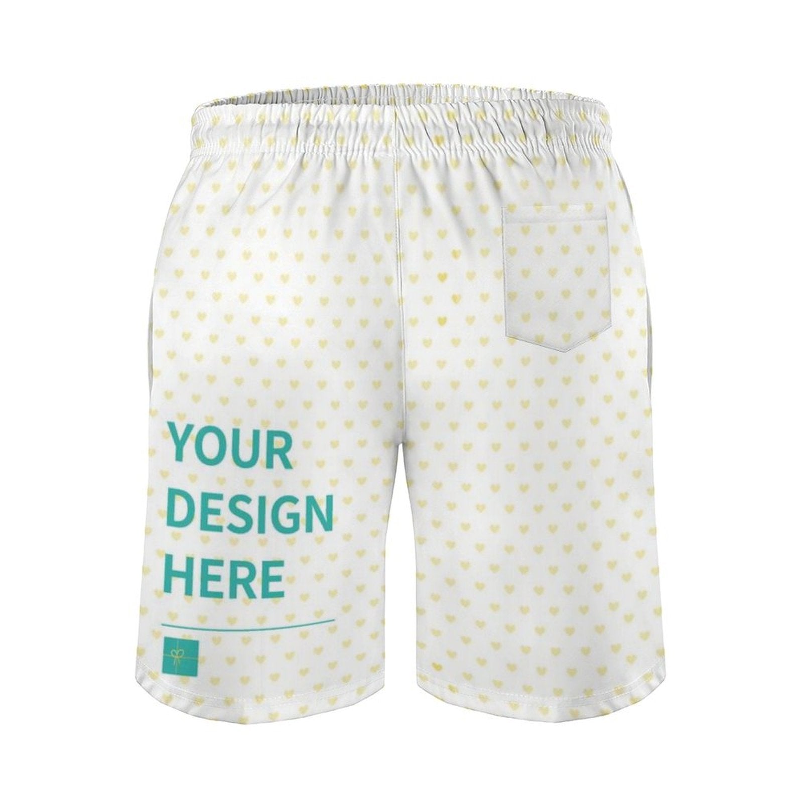 Customizable men's quick dry swim trunks with white and yellow heart pattern. 'Your Design Here' on the front and a pocket.