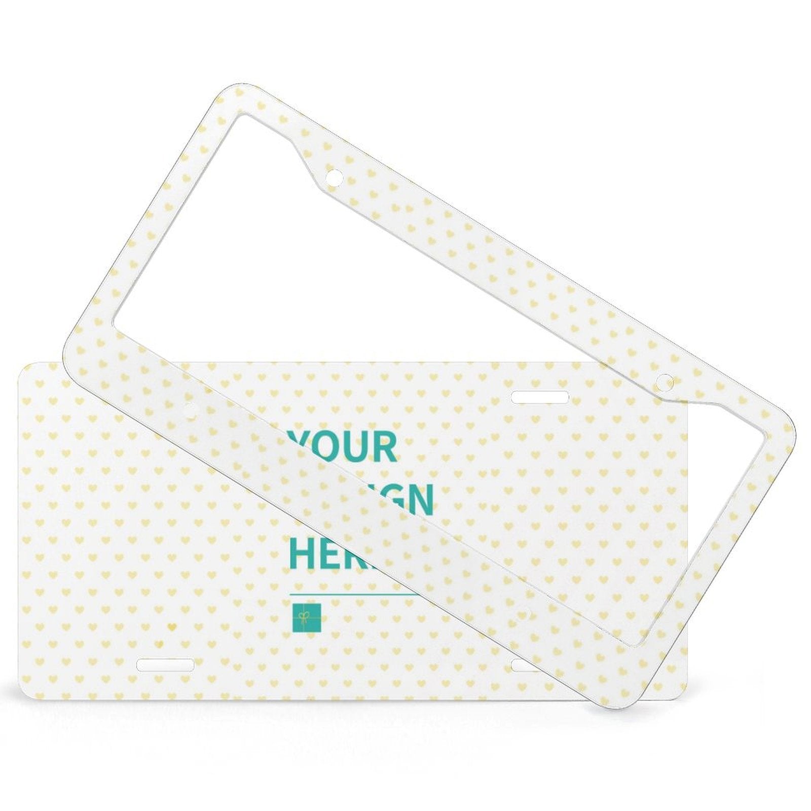 Customizable license plate with yellow hearts and text YOUR DESIGN HERE, aluminum frame included.
