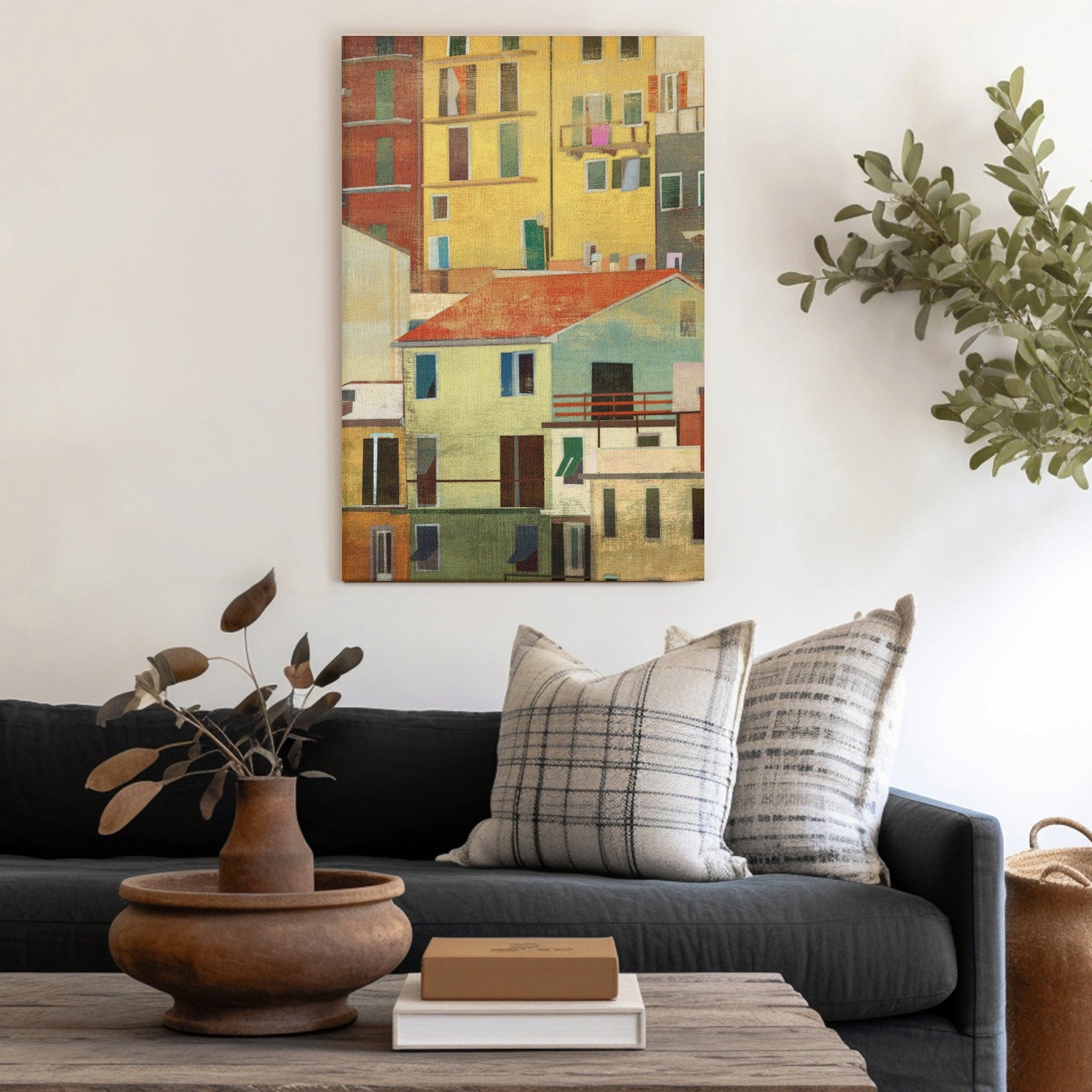 Modern architecture wall art canvas print. Colorful building artwork for living room decor, minimalist style.