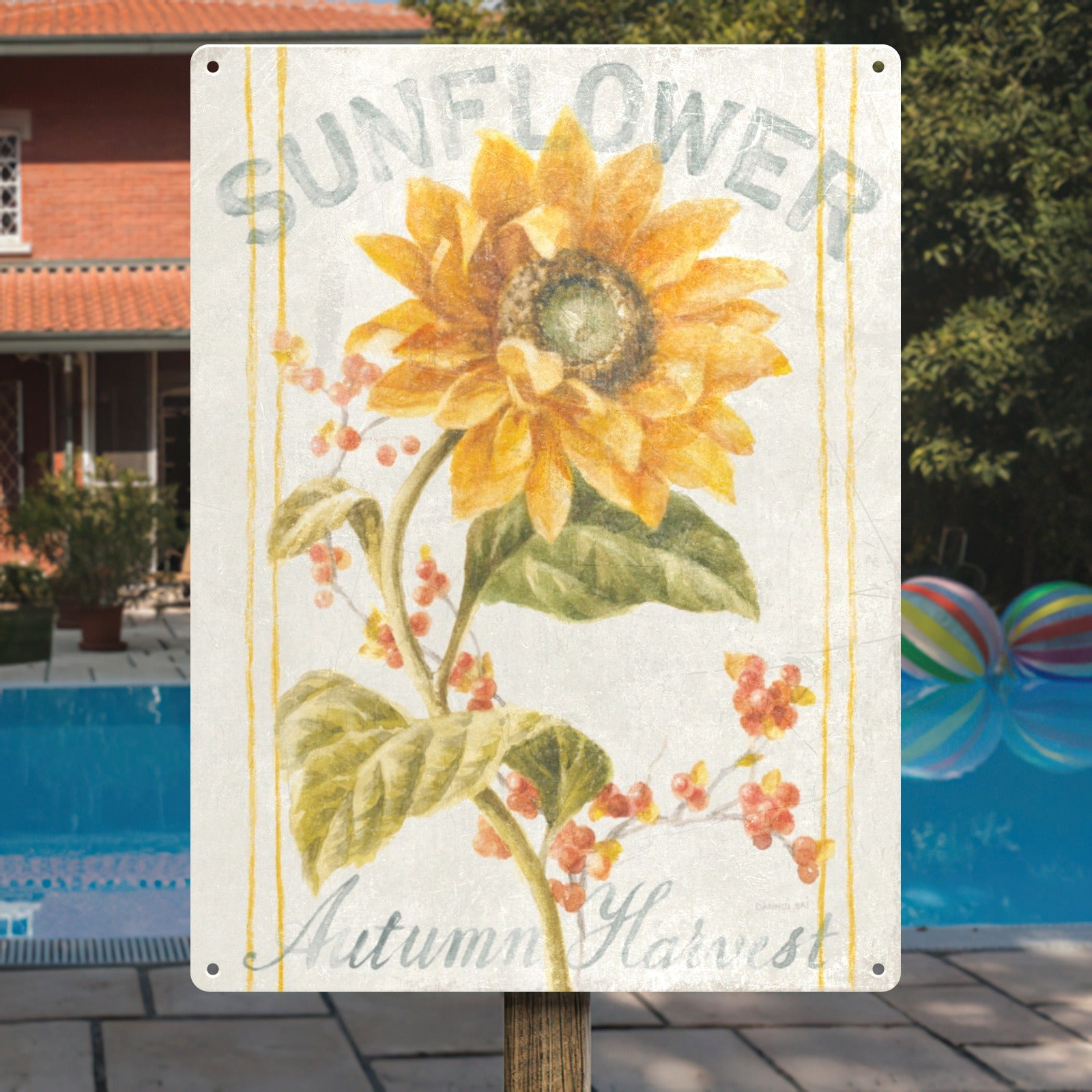 Floursack Autumn Metal Sign with Sunflower Art, a perfect fall home decor with yellow sunflower.