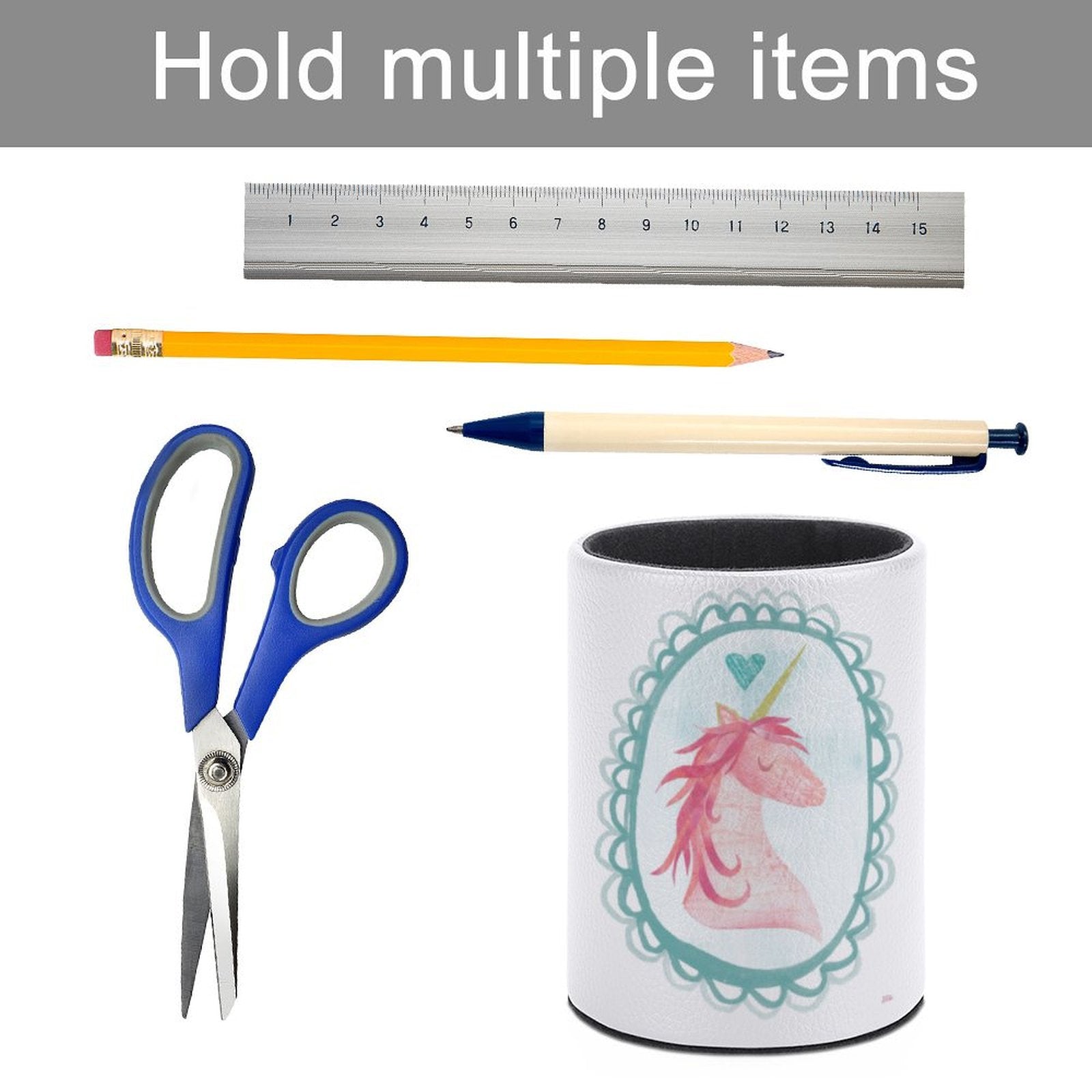 Unicorn pen/pencil holder for desk organization holding multiple items like pencils, pens, scissors, ruler, office supplies