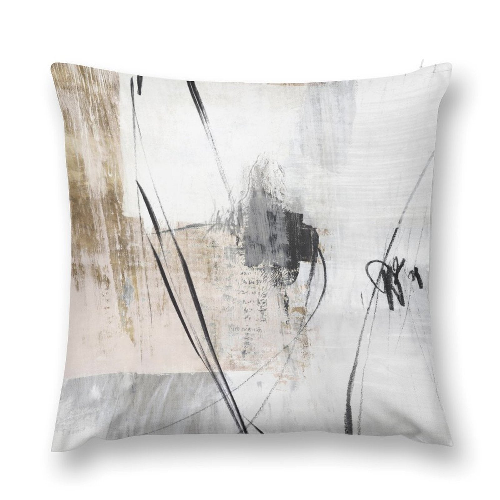 Abstract art pillow cover in white, beige, and gray tones, soft plush pillow for living room or bedroom
