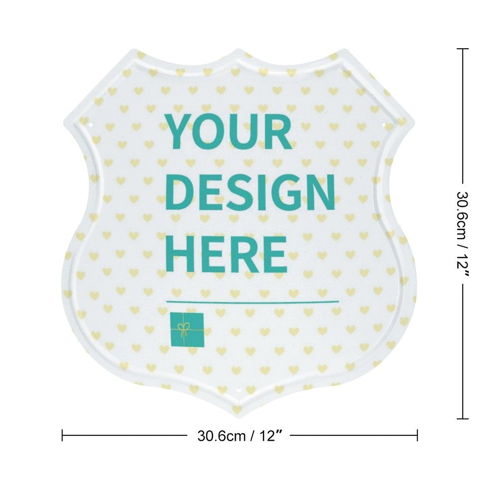Customizable shield-shaped metal sign with 'YOUR DESIGN HERE', personalized decor for garage, kitchen, bar.