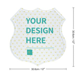 Customizable shield-shaped metal sign with 'YOUR DESIGN HERE', personalized decor for garage, kitchen, bar.