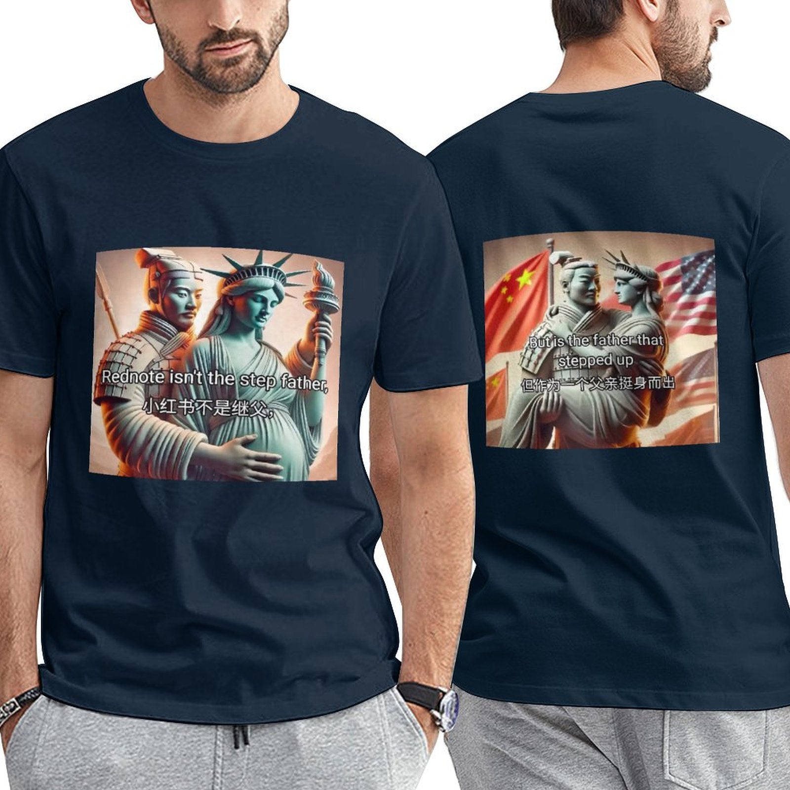 Unisex navy cotton t-shirt with Rednote meme featuring Statue of Liberty and Chinese soldier design, men and women.