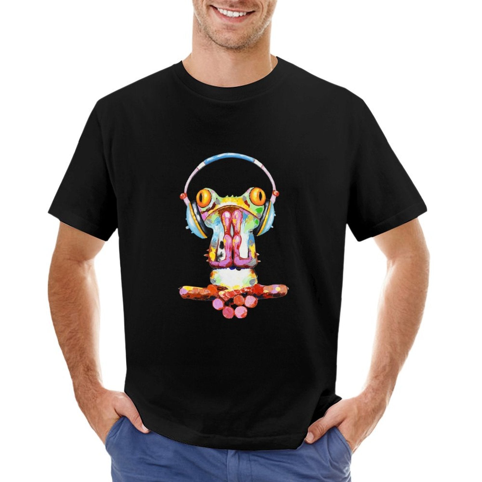 Men's black short sleeve t-shirt with colorful frog art and headphones design, classic tee