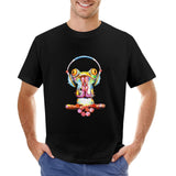 Men's black short sleeve t-shirt with colorful frog art and headphones design, classic tee