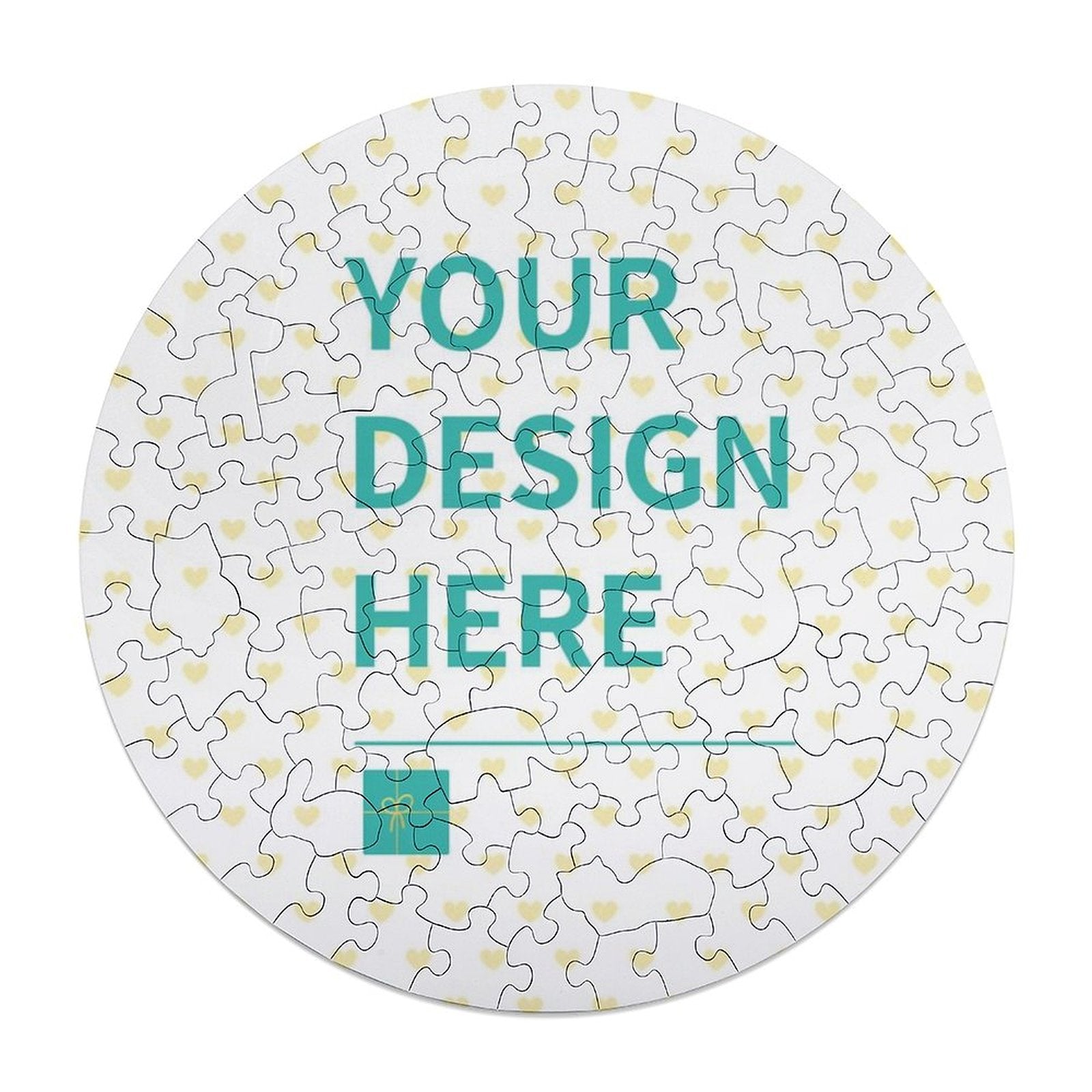 Personalized round photo puzzle with "YOUR DESIGN HERE" text, poplar wood material, animal shapes, and a gift box.