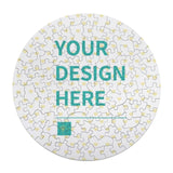 Personalized round photo puzzle with "YOUR DESIGN HERE" text, poplar wood material, animal shapes, and a gift box.