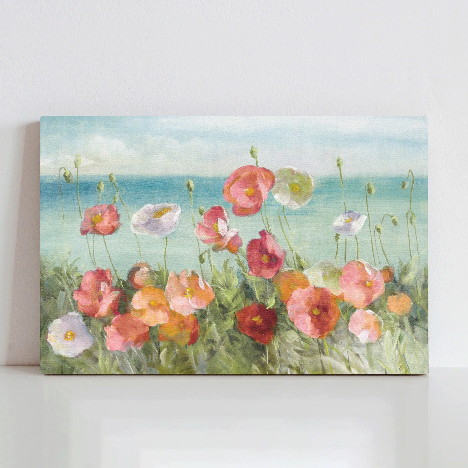 Coastal poppies beach flower canvas print in USA, perfect wall art decor for living room and bedroom.