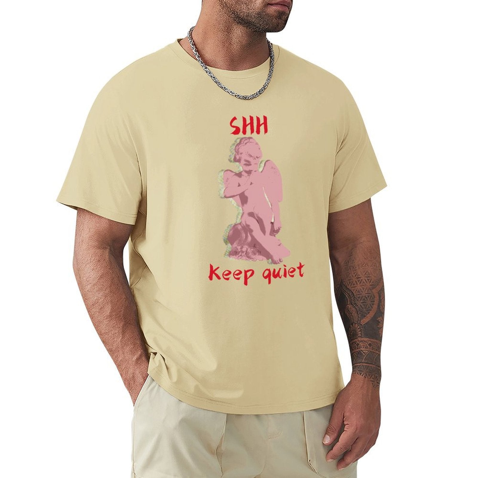Men's beige crew neck t-shirt with pink angel graphic and 'SHH Keep quiet' text, MyArtsyGift.