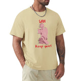 Men's beige crew neck t-shirt with pink angel graphic and 'SHH Keep quiet' text, MyArtsyGift.