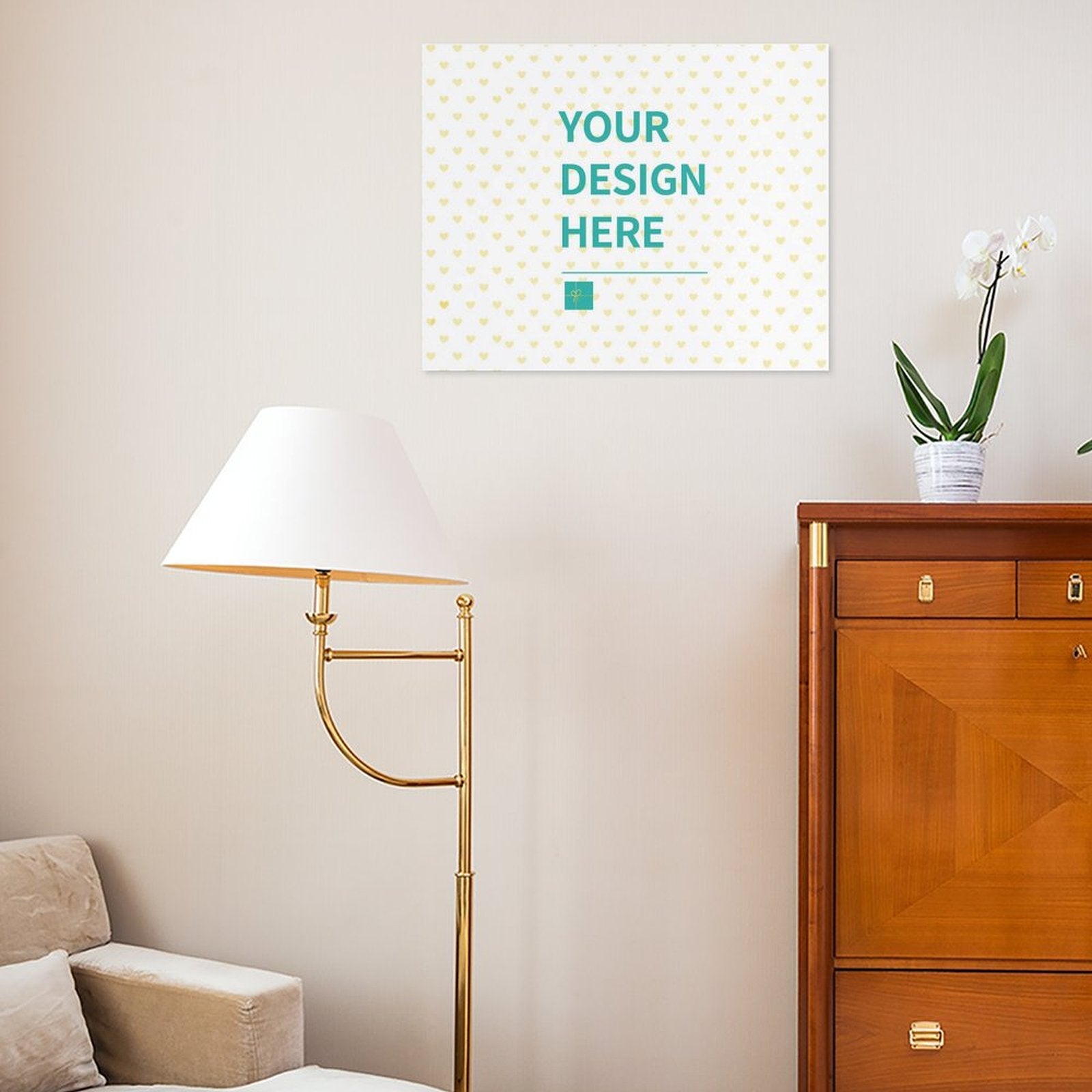 Custom Canvas Print mockup with 'YOUR DESIGN HERE' text, heart pattern. Personalized wall art for home decor.