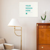 Custom Canvas Print mockup with 'YOUR DESIGN HERE' text, heart pattern. Personalized wall art for home decor.