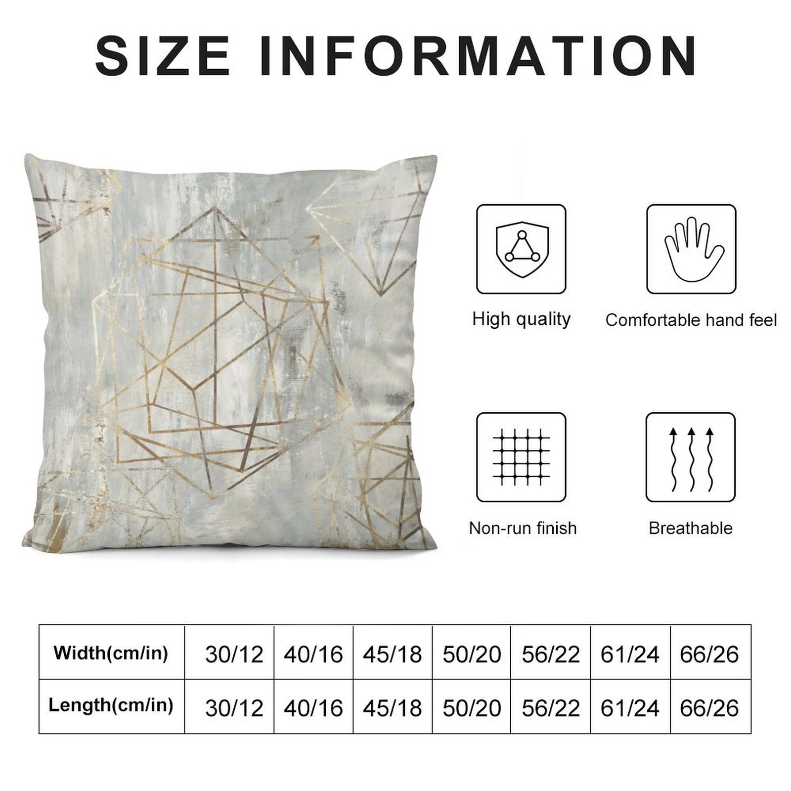 Luxury plush throw pillow cover with gold geometric design, size information chart, high quality and breathable.