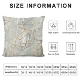 Geometric throw pillow cover with soft plush, featuring size information and quality icons for sofa and living room.