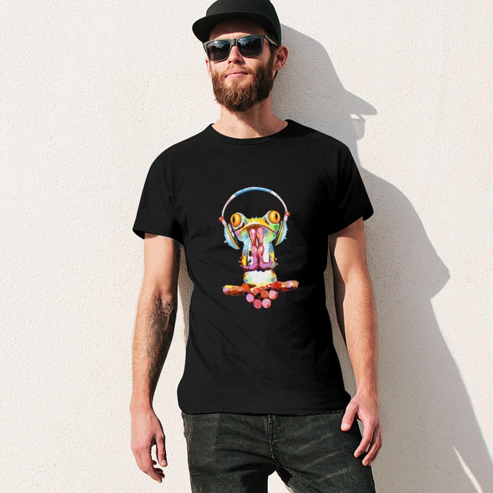 Men's black cotton t-shirt with colorful frog graphic, crew neck, perfect for casual wear. MyArtsyGift