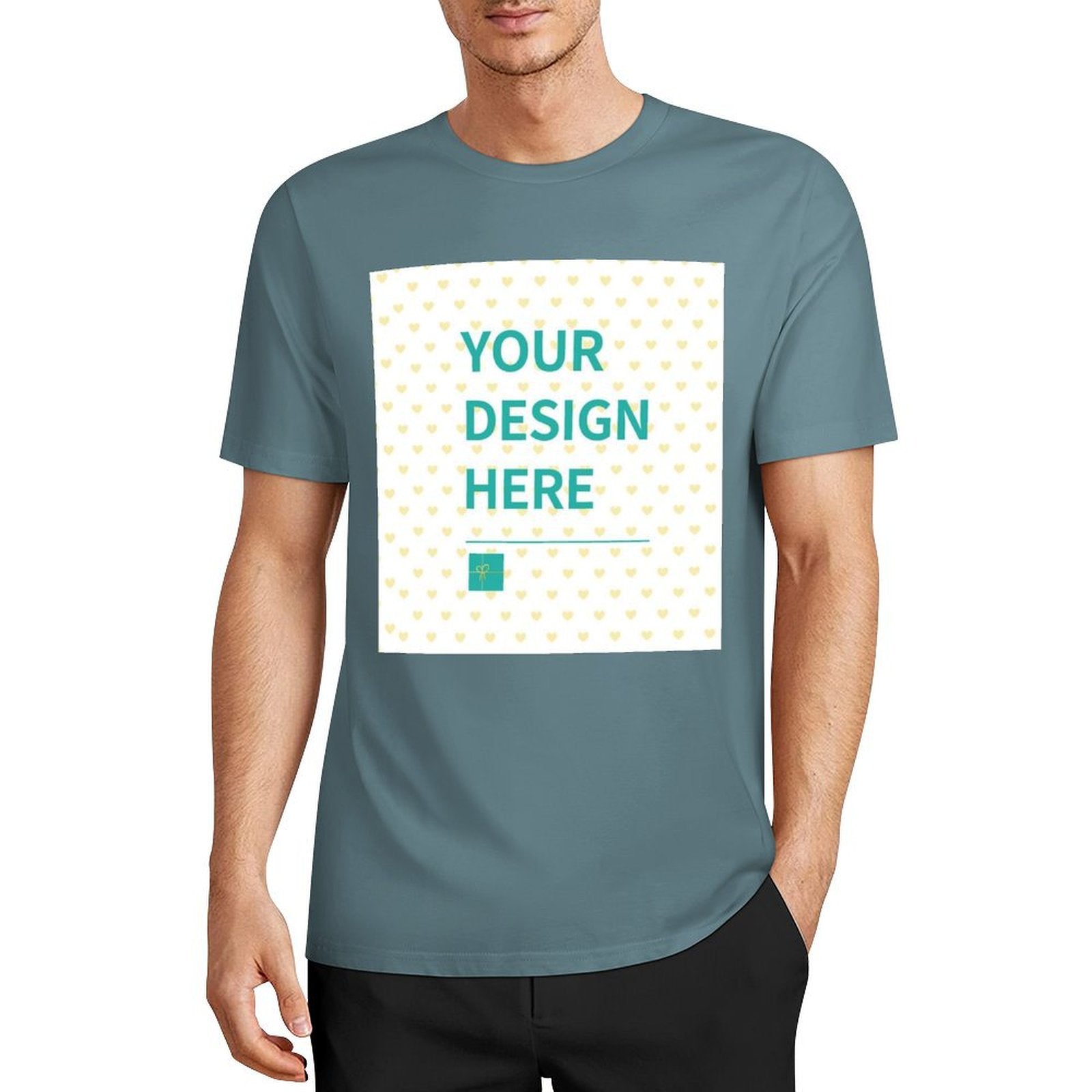 Customizable short-sleeve t-shirt with 'YOUR DESIGN HERE' print, perfect for personalized gifts. 100% cotton.