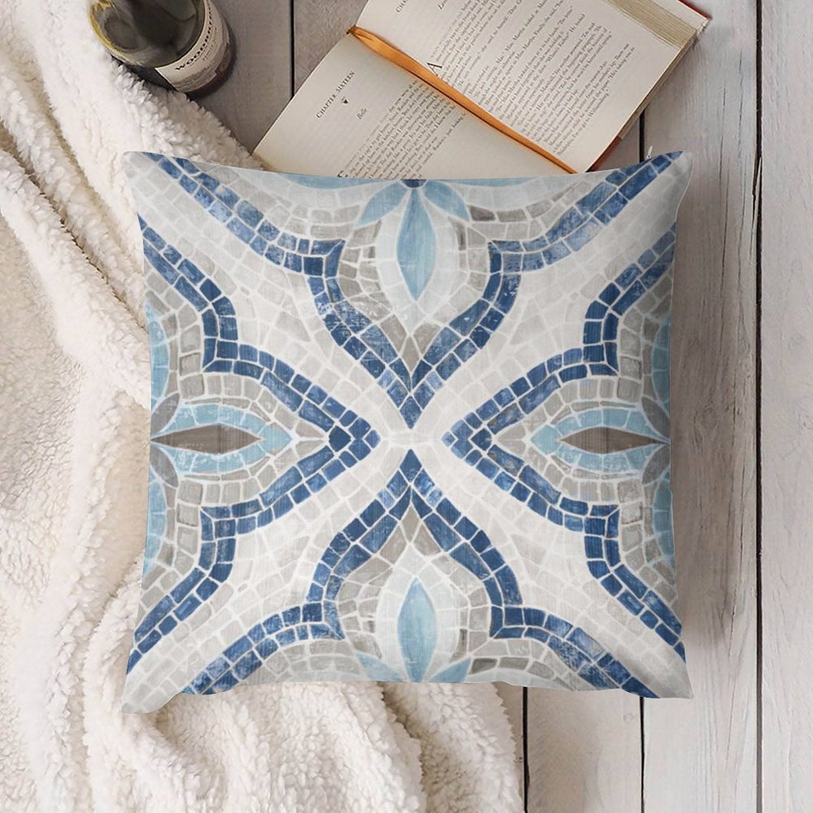Mosaic throw pillow cover in blue, gray, white; Decorative pillow for sofa, couch, or living room; Soft short plush.