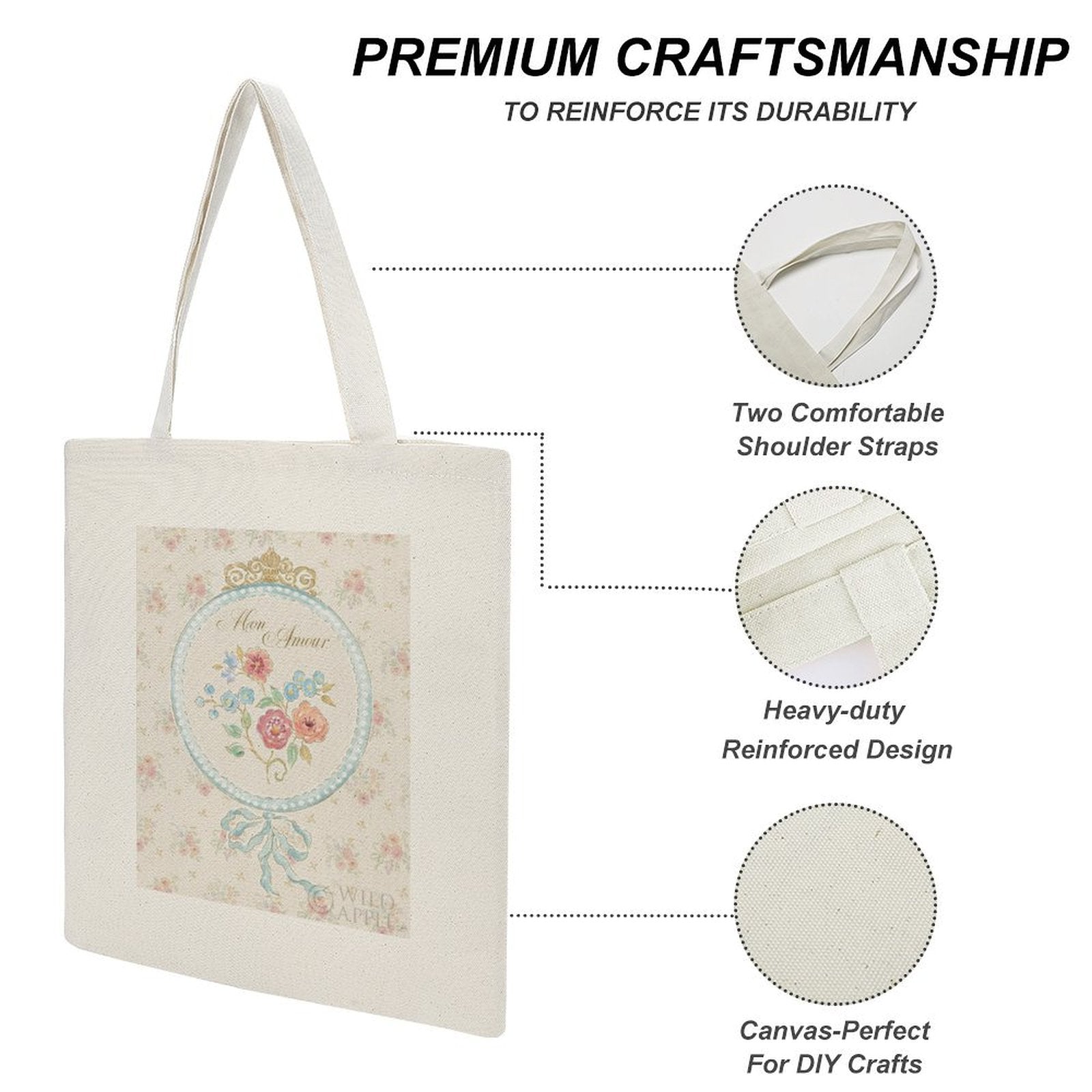 Canvas tote bag for women with floral Mon Amour design, reinforced, cotton, DIY crafts, Made in USA