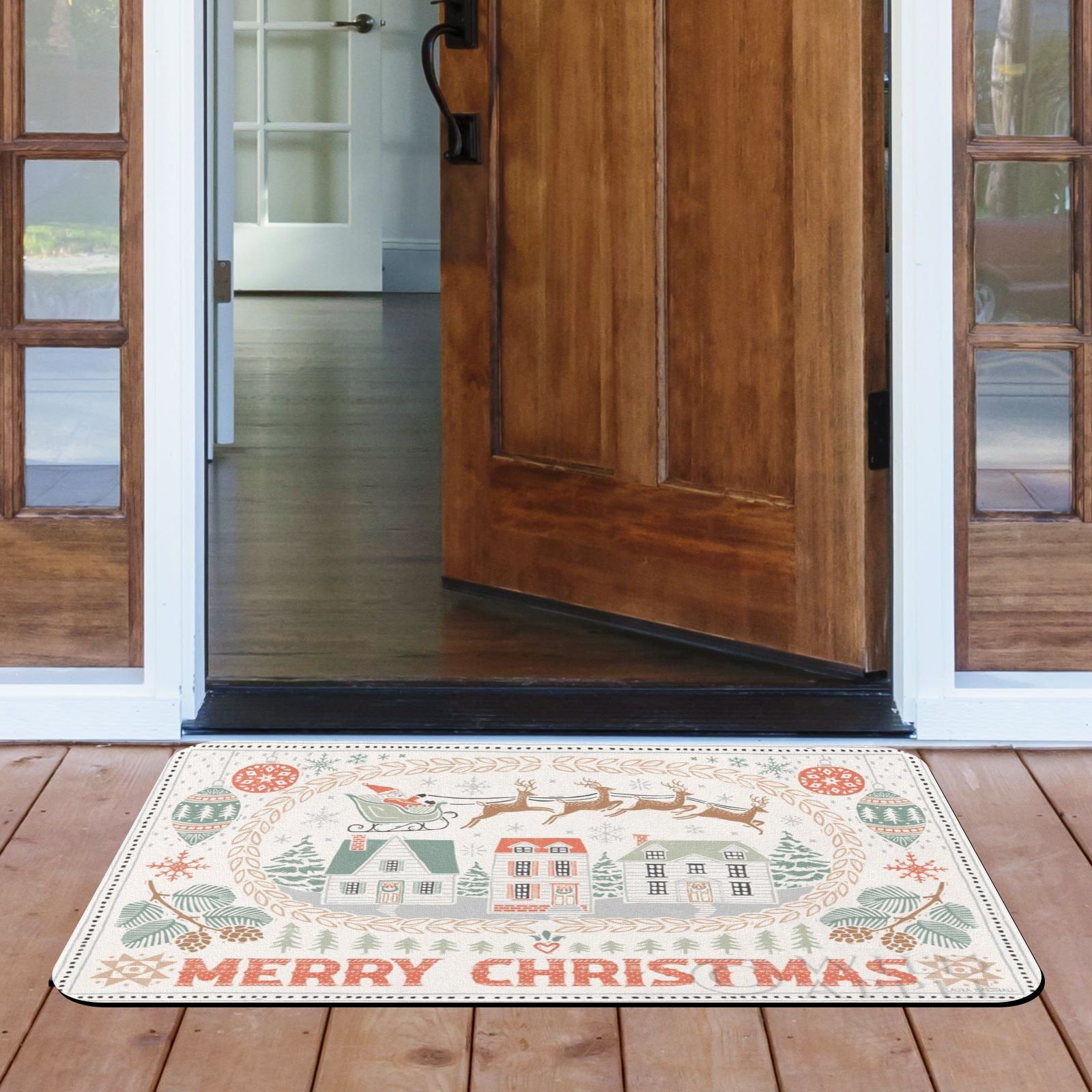 Merry Christmas doormat for indoor/outdoor use featuring Santa, reindeer, and houses on a white rubber mat
