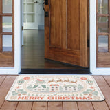 Merry Christmas doormat for indoor/outdoor use featuring Santa, reindeer, and houses on a white rubber mat