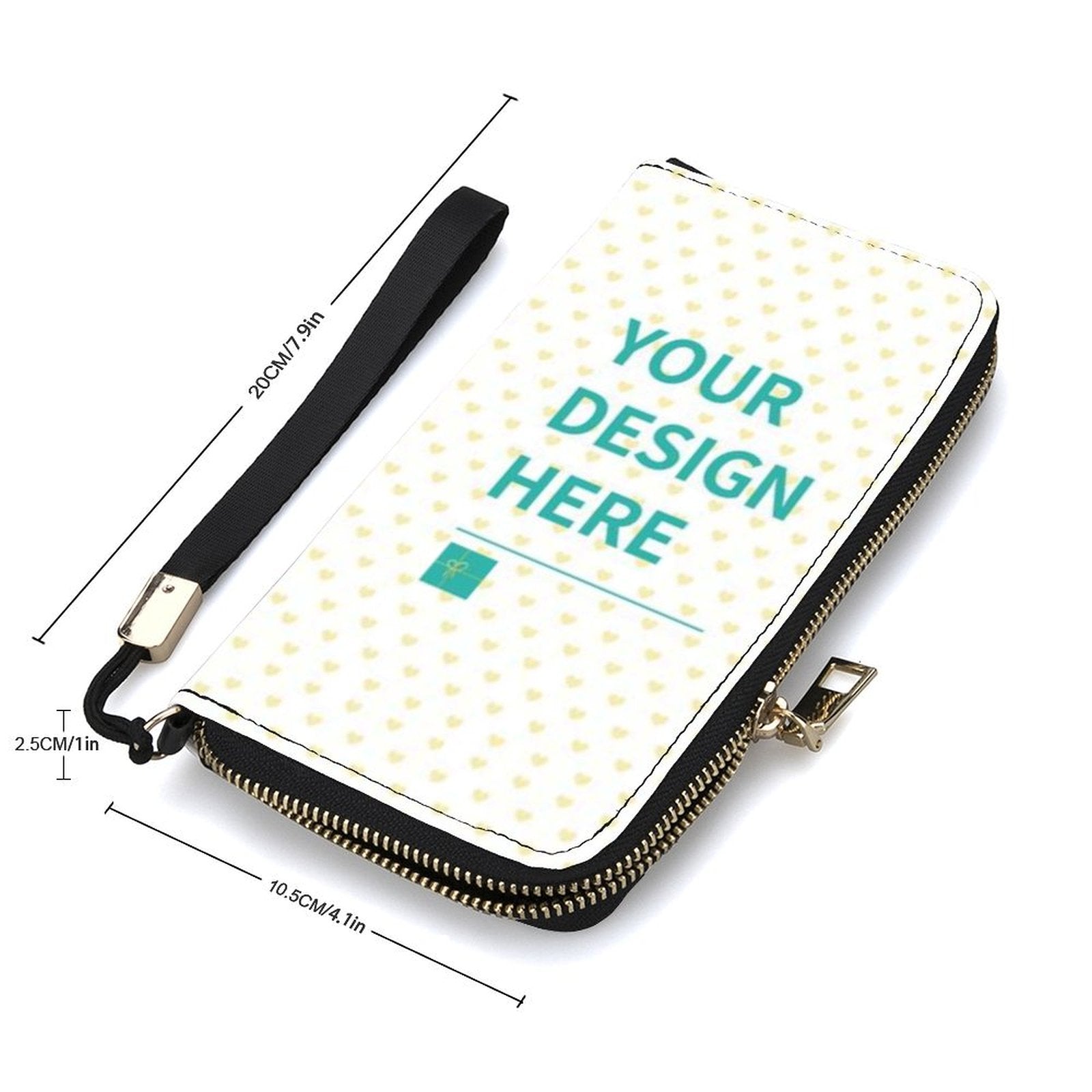 Custom PU leather clutch with 'Your Design Here' text, a long zipper, and wrist strap, perfect for personalized gifts.