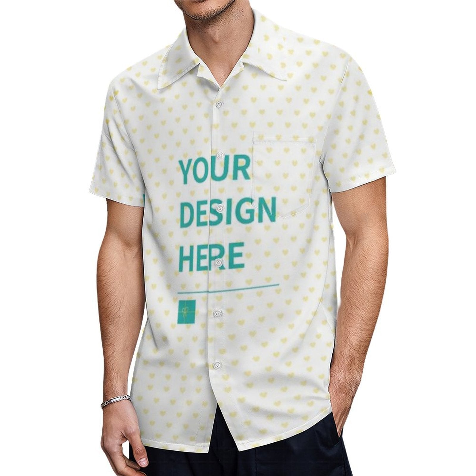 Custom men's short sleeve shirt, white with heart pattern, 'Your Design Here' text, perfect for summer. Polyester material.