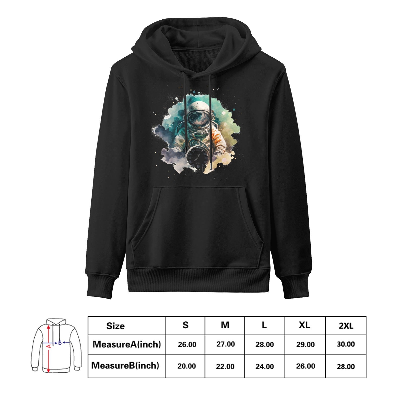 Astro Cruise Ben Heine astronaut art black hooded sweatshirt for men, cotton, size chart included.