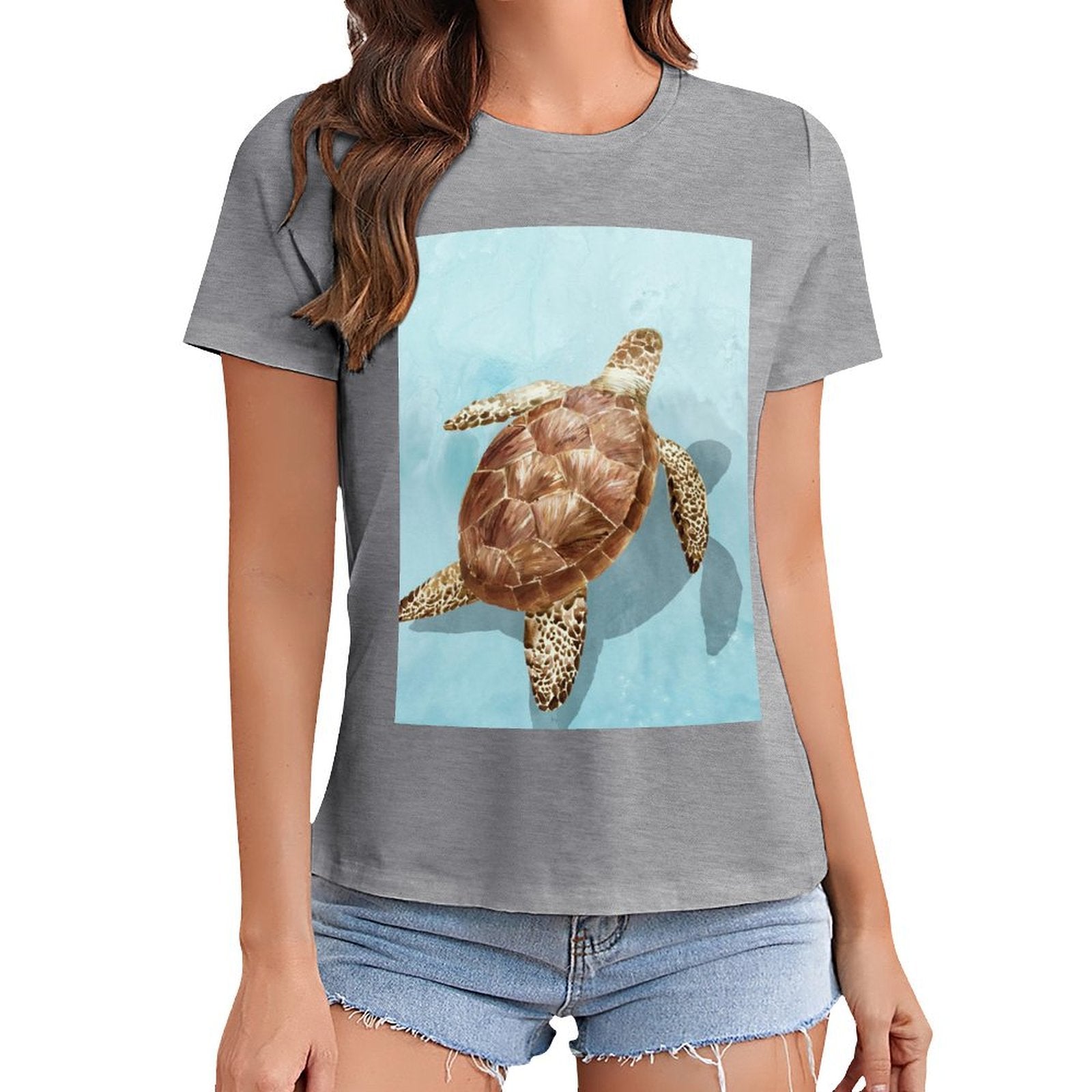 Grey women's t-shirt with sea turtle graphic print, summer fashion, crewneck tee